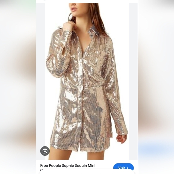 Free People Sophie Sequin Mini Shirt Dress Champagne Gold New Boho Festival Y2K - Picture 4 of 16